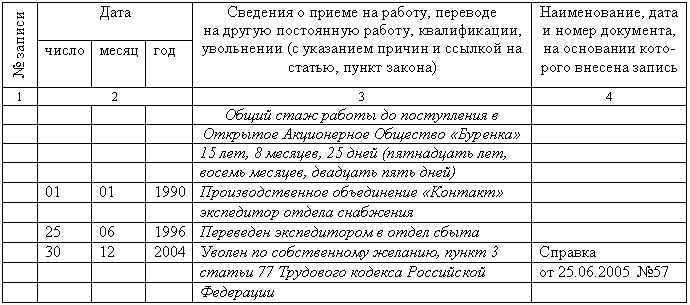 образец заполнения труд книжки