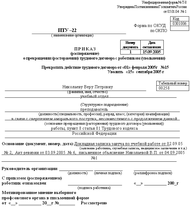 как заполнить трудовое соглашение образец